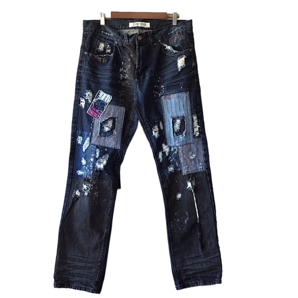 DSTRKT DENIM artsy Streetwear distressed patched embellished denim jeans 36 x 32